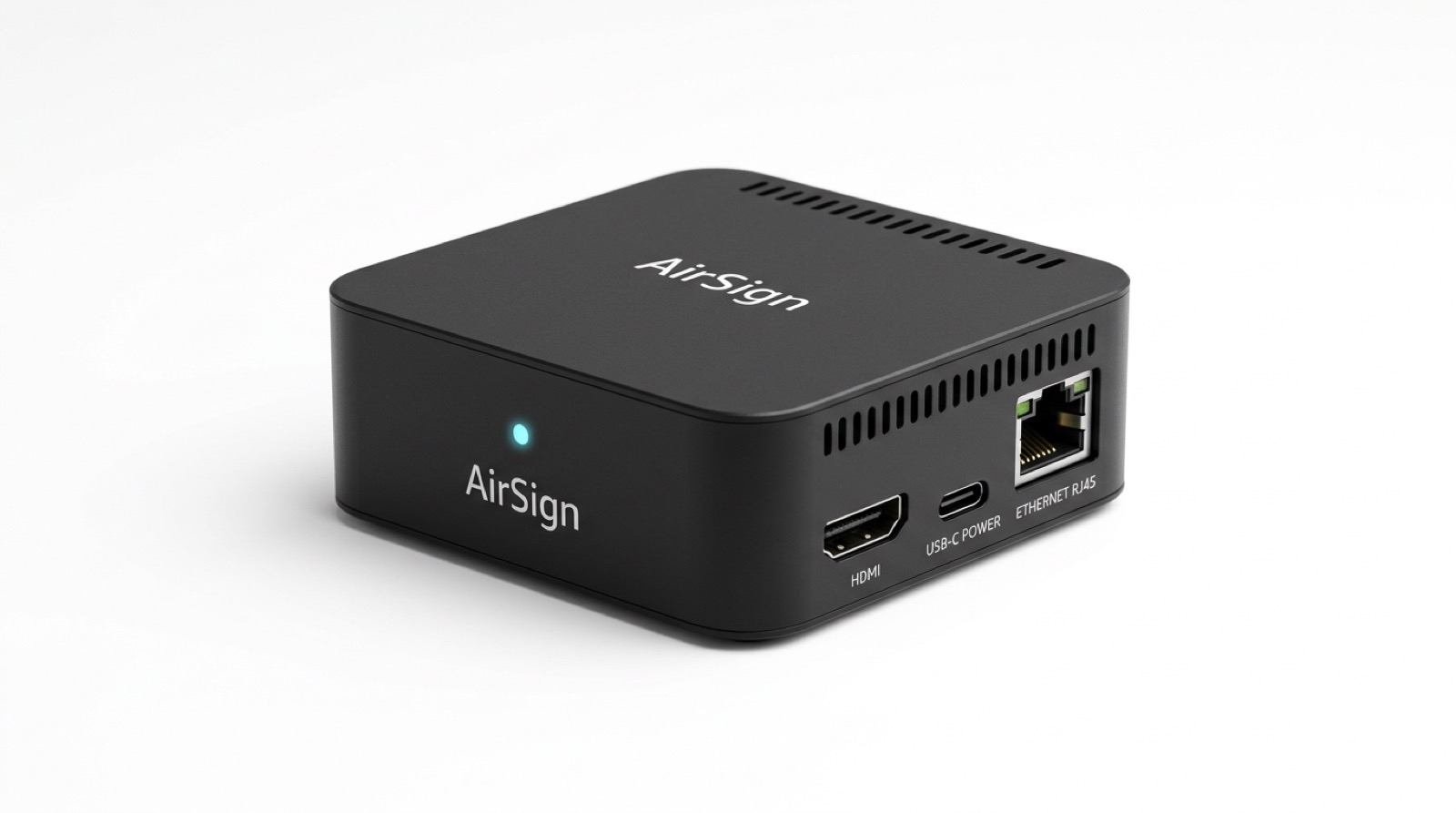 AirSign-enheten i 45-graders vinkel &mdash; HDMI, USB-C ström och Ethernet RJ45 synliga
