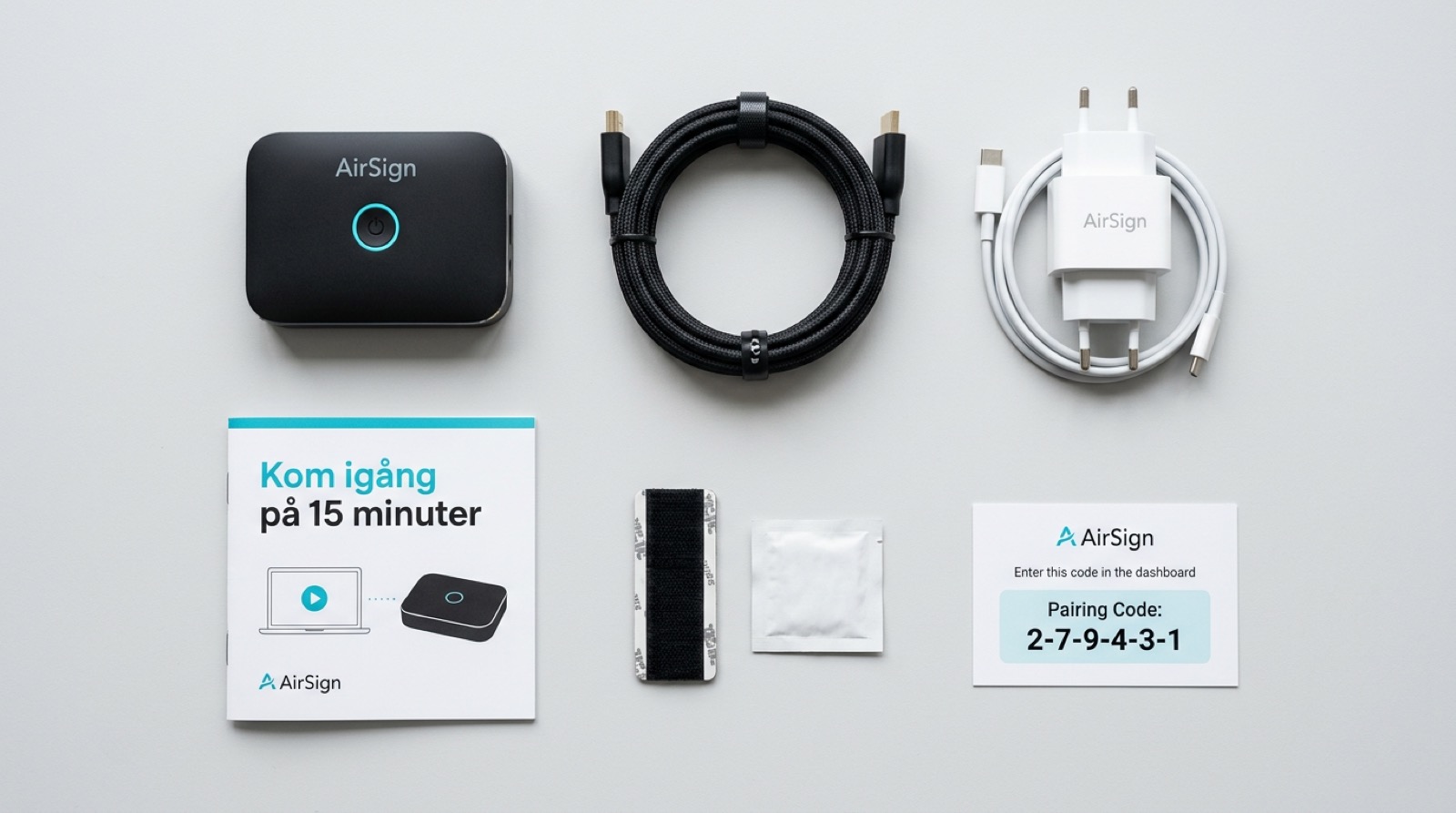 AirSign-paketet uppackat: enheten, HDMI-kabel, USB-C-strömadapter, snabbstartsguide, monteringsstrip och pairing-kod-kort