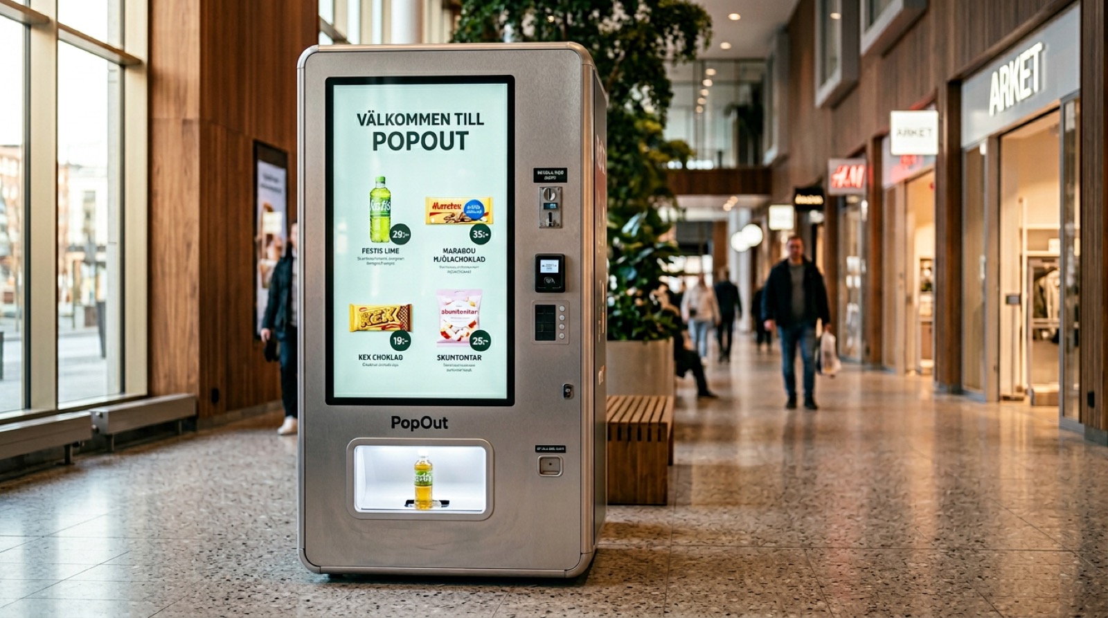 PopOut-vendingmaskin med digital AirSign-skärm i svenskt köpcentrum &mdash; produktbilder, priser och kampanjer styrda från molnet