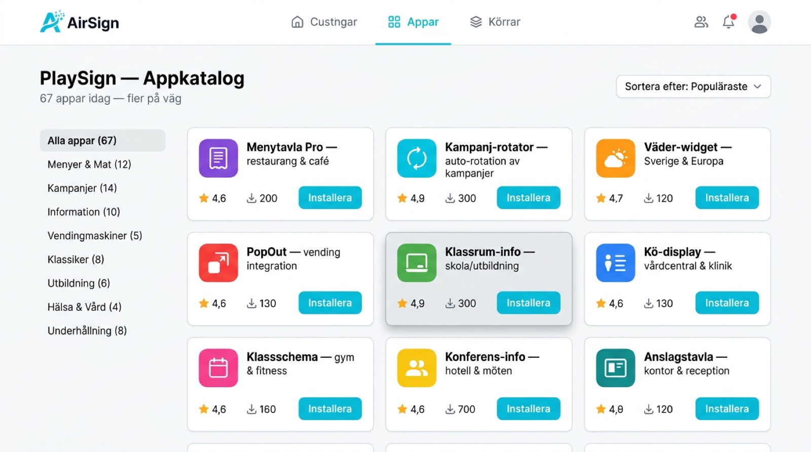Cloud Customer Portal &mdash; PlaySign-appkatalogen med kategori-filtrering, betyg och installations-knappar för varje app
